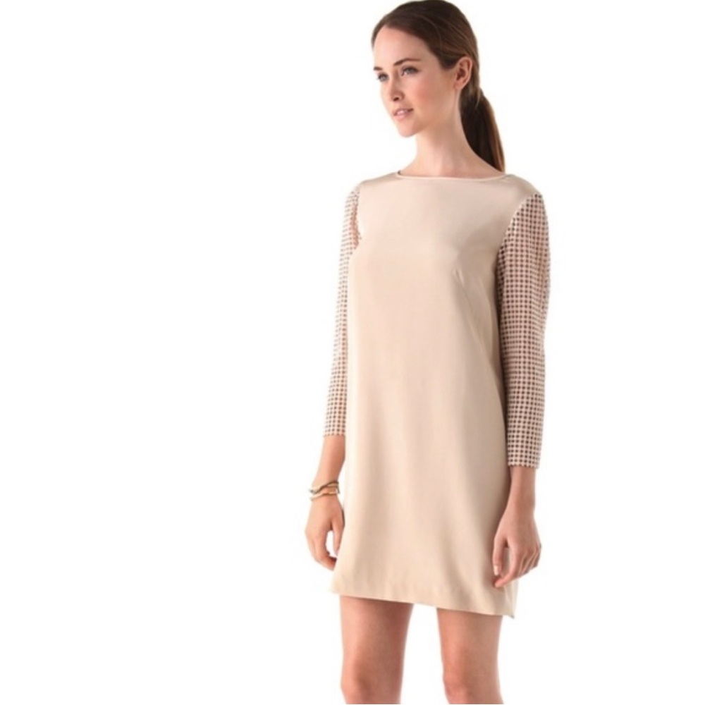 Tibi Labyrinth Silk Cream Sheath Dress with Lace Crochet Sleeves, Size 6